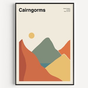 Póster del Parque Nacional Cairngorms: Arte moderno de las Tierras Altas de Escocia de mediados de siglo