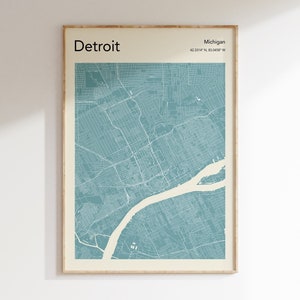 Pôster do mapa de Detroit MI, MAIS CORES, impressão de mapa da cidade de Detroit, arte de parede azul do mapa da cidade de Detroit Michigan, mapa de Detroit, impressão de mapa moderno