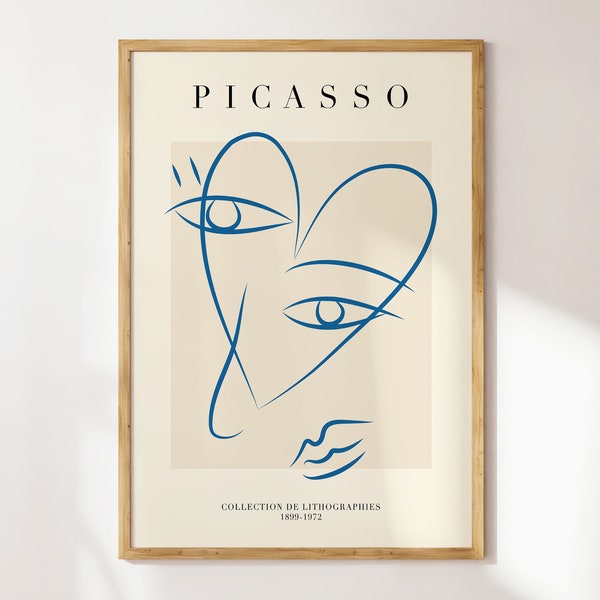 Plakat Picassa z grafiką liniową: minimalistyczny niebieski rysunek z jedną linią