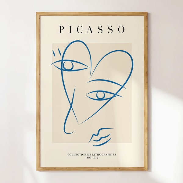 Minimal Picasso Line Art Poster, Picasso One Line Drawing Poster, Blue Cream Gallery Wall, Mid Century Poster | MP135