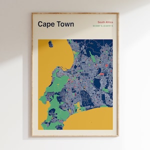 Kapstadt Karte Drucken, Cape Town Karte Drucken, Farb karte von Kapstadt, Moderne Wandkunst, Blau Gelbe Kapstadt Karte, Individuelles Design