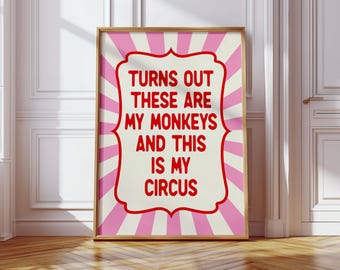 Funny Monkeys Circus Print: Retro Pink Typography, Maximalist Art