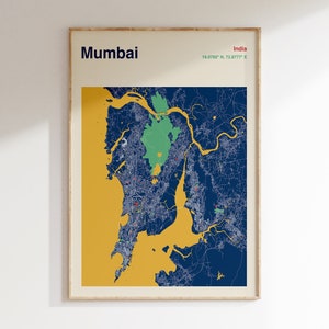 Mumbai Indien Karte Drucken, Mumbai Karte Drucken, Farbkarte von Mumbai, Modernist Wandkunst, Mumbai Karte Wandkunst, Modernist Map