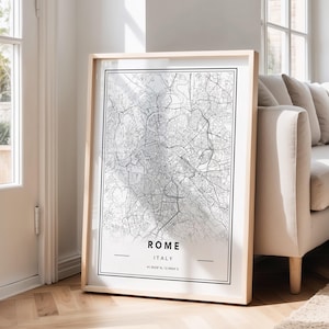 Impression d'art du plan de la ville de Rome : affiche minimaliste en noir et blanc