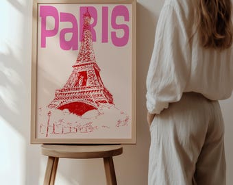 Retro Paris Travel Poster: Red Eiffel Tower, Pink Typography (Digital Download)