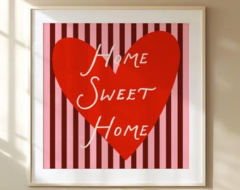 Home Sweet Home Print: Cottagecore Typography, Pink & Burgundy Square Art