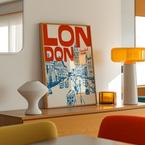 Impresión retro de viaje a Londres, impresión de Londres de mediados de siglo, DESCARGA DIGITAL, póster de viaje a Londres en azul y rojo de moda, arte mural de Londres / TR203