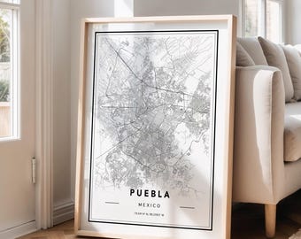 Impresión artística del mapa de la Ciudad de México de Puebla: minimalista en blanco y negro