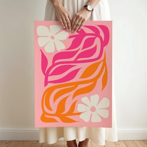 Estampado floral abstracto rosa y naranja, arte mural botánico colorido, póster floral abstracto imprimible, arte mural floral bohemio de los años 70 / IL07