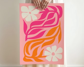 Pink and Orange Abstract Flower Print: 70s Boho Wall Art (Digital Download)