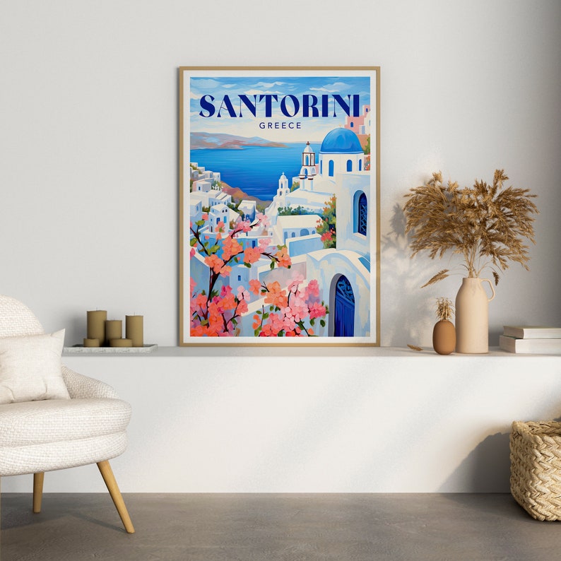 Santorini Greece Art Print, Colourful Travel Poster, Santorini Landscape Art, Santorini Painting, Colourful Travel Poster Gallery image 3