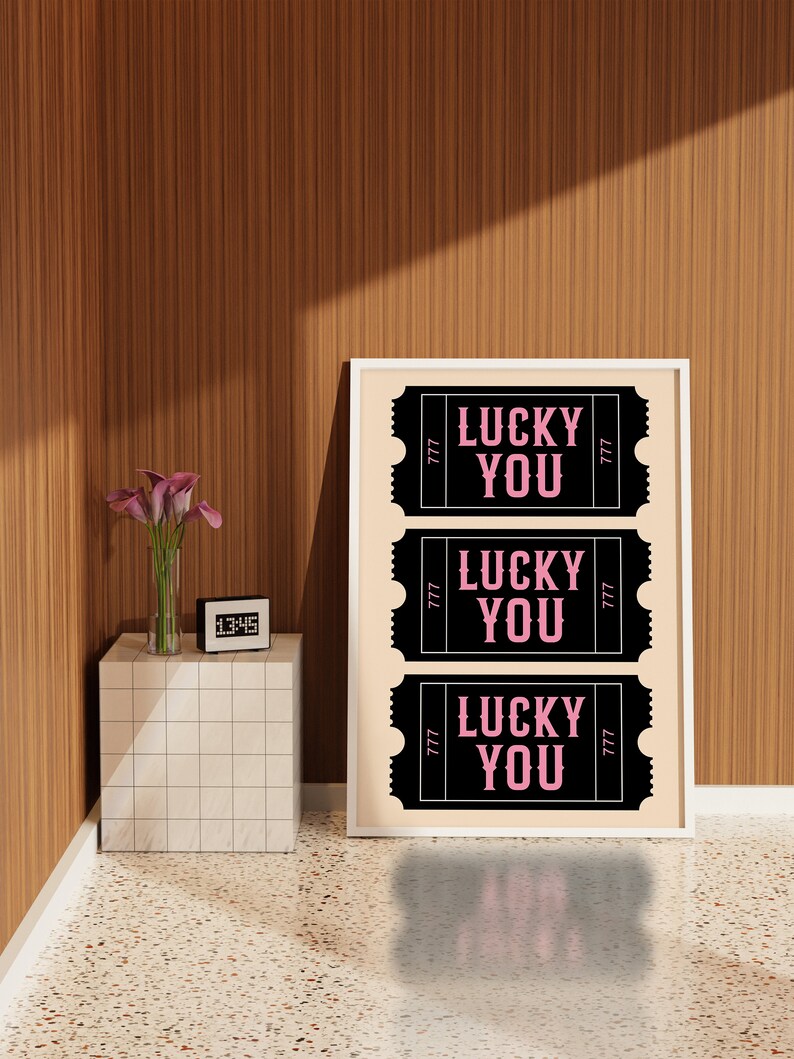 Trendy Lucky You Ticket Poster, Pink Lucky You Vintage Style Ticket Wall Art, Retro Gallery Wall, Preppy Aesthetic, Bar Cart Art T045 image 7