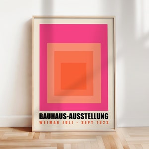 Affiche d'exposition moderniste Bauhaus, impression d'art rose Bauhaus, affiche carrés géométriques, oeuvre d'art murale Bauhaus, style moderne milieu du siècle | A121