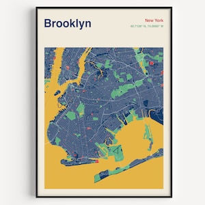 Brooklyn NY Map Print, Brooklyn Map Poster, Brooklyn Map Wall Art, Mapa de Brooklyn New York, Colour Brooklyn Poster, Ubicaciones personalizadas