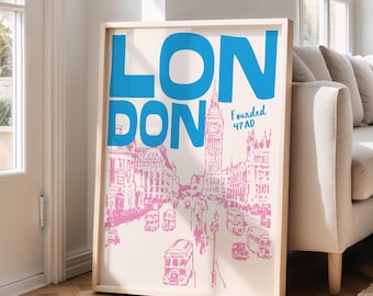 Retro London Travel Poster: Mid-Century Pink Wall Art