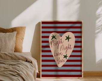 Night Night Love You Print: Trendige Gestreifte Schlafzimmer Wandkunst