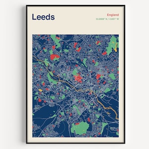 Mapa da cidade de Leeds, pôster colorido do mapa de Leeds, arte de parede do mapa de Leeds, mapa de Leeds, pôster de viagem de Leeds, impressão de mapa personalizado de mapa de Leeds Inglaterra