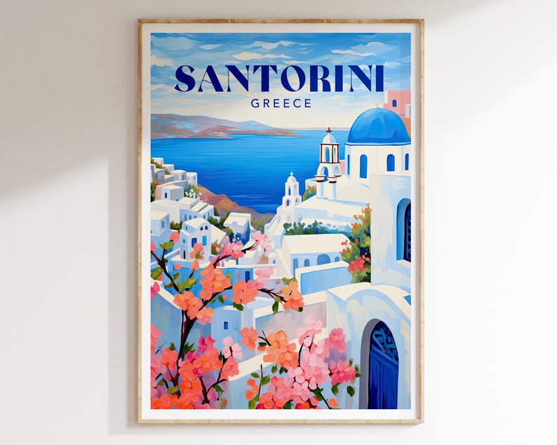 Santorini Greece Art Print, Colourful Travel Poster, Santorini Landscape Art, Santorini Painting, Colourful Travel Poster Gallery image 1