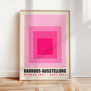 Cartel de la exposición Bauhaus de cuadrados rosados, impresión de arte Bauhaus Ausstellung, cartel geométrico, arte minimalista de la pared de la Bauhaus, moderno de mediados de siglo / A105