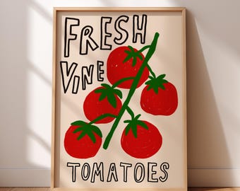 Impresión artística de cocina de tomates: póster gastronómico moderno de mediados de siglo