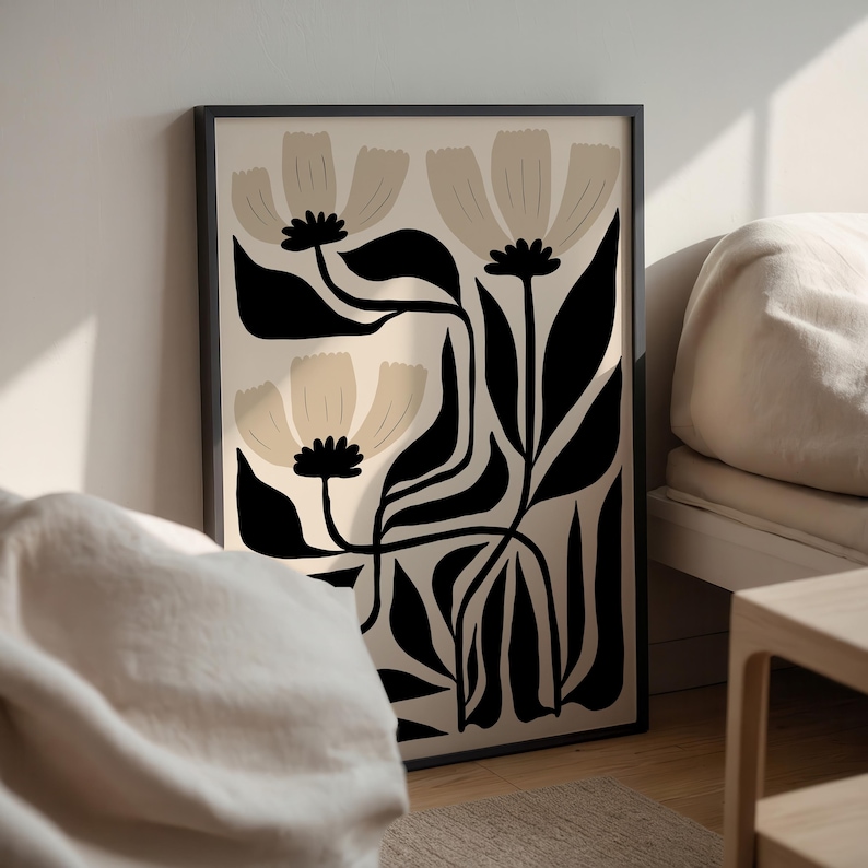 Abstract Flower Art Print: Black & Beige Botanical, Matisse Style image 6
