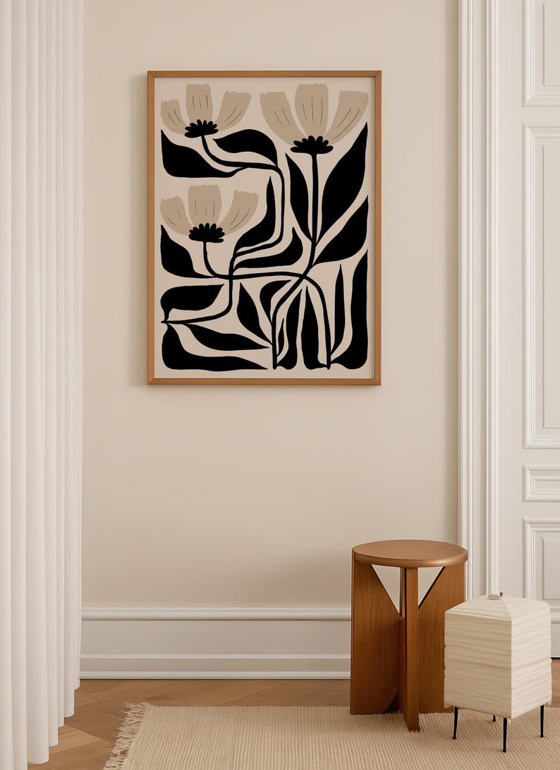 Abstract Flower Art Print: Black & Beige Botanical, Matisse Style image 2