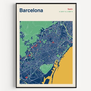 Mapa da cidade de Barcelona, pôster colorido do mapa de Barcelona Espanha, arte de parede do mapa de Barcelona, mapa de Barcelona, pôster de viagem da Espanha, impressão de mapa personalizado