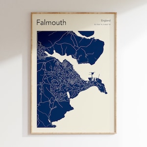 Falmouth Karte Poster, MEHR FARBEN, Falmouth Cornwall Karte Drucken, Karte von Falmouth UK, Farbkarte Drucken