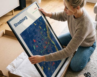 Mappa della città di Strasburgo - Decorazione murale colorata della Francia, con possibilità di incorniciatura.
