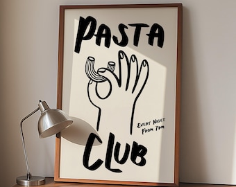 Pasta Club Art Print: Retro Kitchen Poster, Hand-Drawn Typography