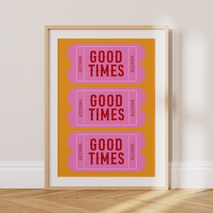 Cartel retro de boletos de buenos tiempos de moda, arte de pared de boletos de buenos tiempos rosados, pared de galería retro, estética preppy, arte de carrito de bar / T041