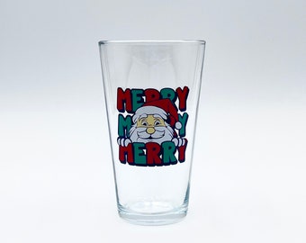 Santa Claus Merry 16 oz Pint Glass Cute Christmas Holiday Party Beer Drinking Glass Gift Favor