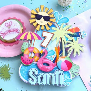 Tårtdekoration till poolparty, tårtdekoration för kul i solen, solpoolparty, sommarfest, sommarfödelsedagsfest, tropisk sommarfest