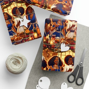 Wrapping Papers for Black Women Wine Lovers, Blue and Gold Christmas Wrapping Paper, Melanin Gift Wrap