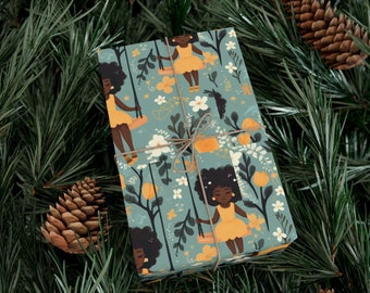 African American Girl Wrapping Paper: Floral Birthday Gift Wrap