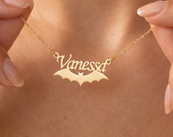 Sterling Silver Bat Name Necklace, Personalized Bat Necklace, 14K Gold Gothic Jewelry, Minimalist Name Jewelry, Halloween Gift for Her