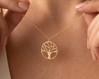 Sterling Silver Tree of Life Necklace, 14K Gold Tree Pendant, Silver Round Nature Jewelry, Memorial Gift for Mom, Handmade Family Necklace