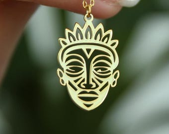 Sterling Silver African Mask Necklace: Tribal Pendant Jewelry