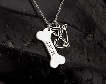 Custom Dog Name Necklace, Bone Necklace with Angel Charm, Pet Lover Gift, Dog Memorial Jewelry, Necklace for Dog Mother, Mother's Day Gift