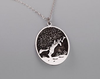 Fox Necklace in Starry Night, Fox Jewelry in Sterling Silver, Playing Fox Pendsant, Gift for Her, Consellation Necklace, Animal Star Charm