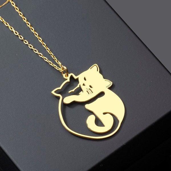 Cuddling Cats Necklace, Hugging Cats Pendant in Sterling Silver, Lovely Cat Jewelry, Black Cat White Cat, Kitty Necklace, Cat Lover Pendant