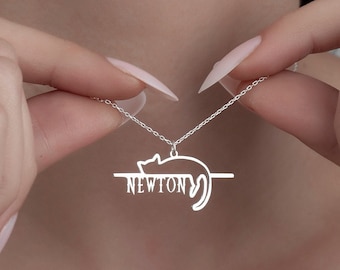 Custom Sterling Silver Sleepy Cat Necklace - Personalized Pet Name Pendant