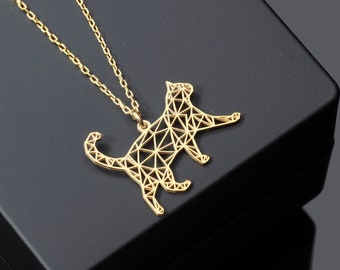 Geometric Cat Jewelry, Origami Cat Necklace in Sterling Silver, Origami Animal Charm, Cat Lovers Gift, Walking Cat Necklace, Gold Cat Charm