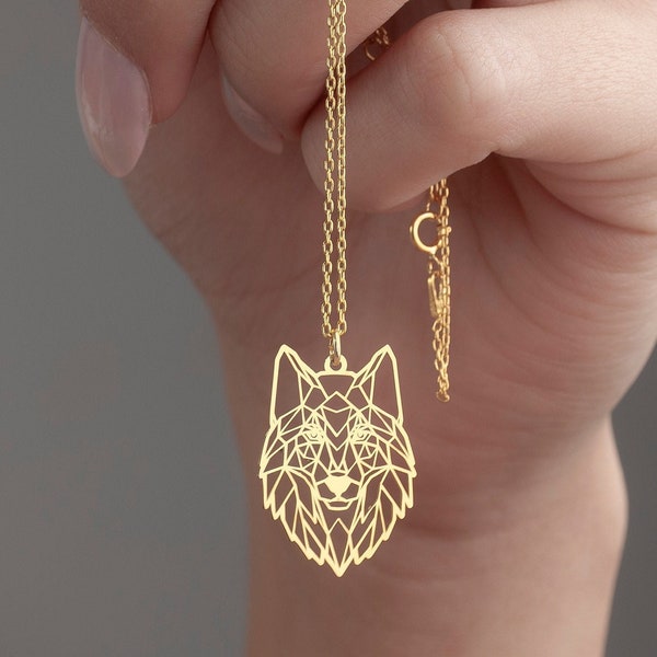 Geometrischer Wolf Halskette, Origami Wolf Schmuck in Sterling Silber, Wolf Kopf Anhänger, Geschenk für sie, Tier Charm, zierliche Wolf Halskette