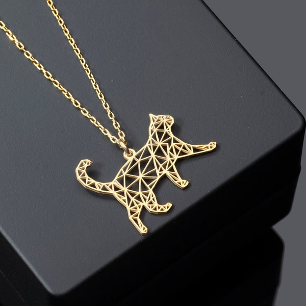 Geometric Cat Jewelry, Origami Cat Necklace in Sterling Silver, Origami Animal Charm, Cat Lovers Gift, Walking Cat Necklace, Gold Cat Charm