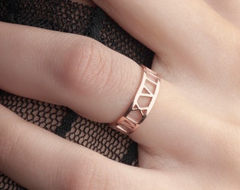 Anillo de números romanos en plata de ley, anillo de banda de números romanos personalizado, anillo de fecha personalizado, regalo de aniversario, anillo de compromiso apilable