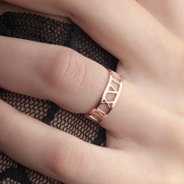 Roman Numeral Ring in Sterling Silver, Personalized Roman Numeral Band Ring, Custom Date Ring, Anniversary Gift, Stackable Engagement Ring