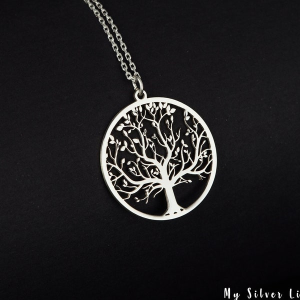 Leafy Tree Necklace, Sterling Silver Tree Jewelry, Round Tree Pendant, Dainty Tree Jewelry, Gift for Mom, Family Tree Charm, Gift for Her