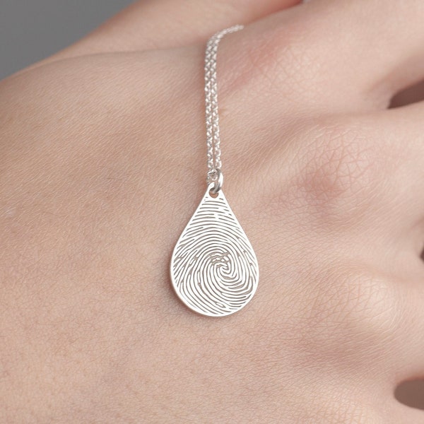 Collier larme empreintes digitales, bijoux empreintes digitales gravées en argent sterling, pendentif commémoratif, cadeau pour maman, bijoux empreintes digitales réels