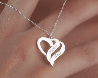 Dubbele naam hart ketting, aangepaste twee namen hart sieraden, sterling zilver gepersonaliseerde hart charme, cadeau voor liefhebbers, sierlijke hart hanger